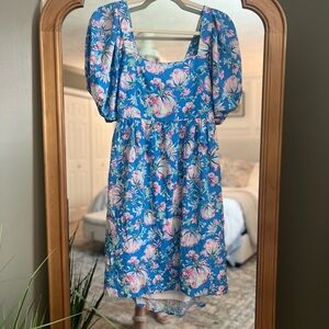 Chic Blue Floral Mini Dress with Puff Sleeves